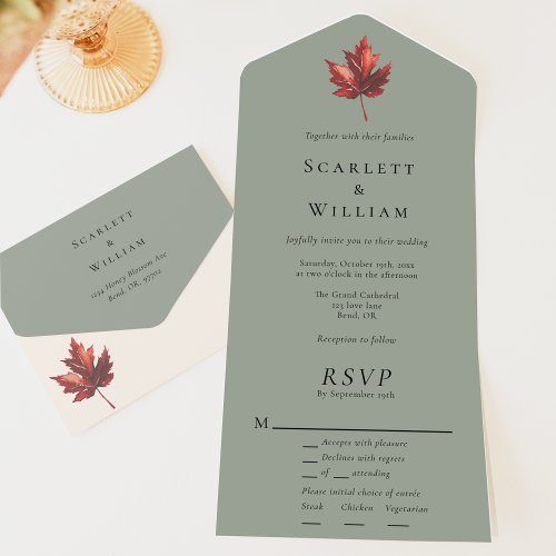 Simple Minimal Fall Sage Green Entree RSVP Wedding All In One Invitation