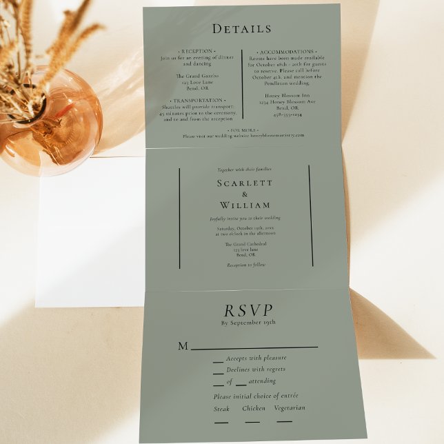 Simple Minimal Fall Sage Green Entree RSVP Wedding Tri-Fold Invitation (Creator Uploaded)