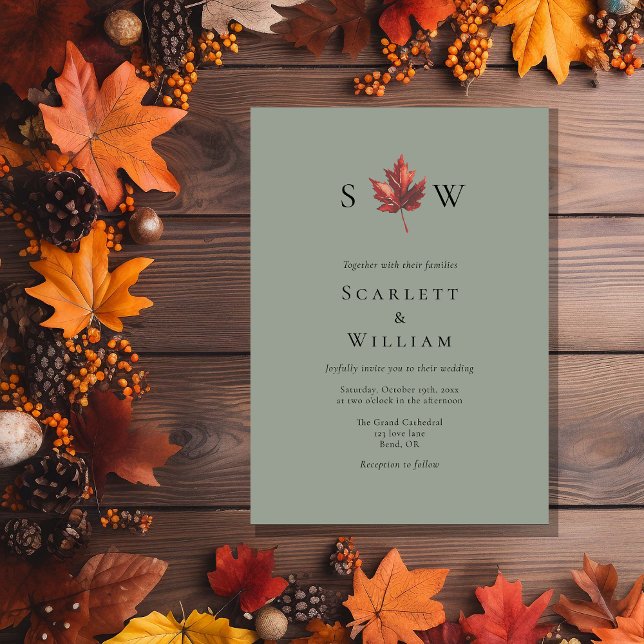 Simple Minimal Fall Sage Green Monogram Wedding Invitation (Creator Uploaded)
