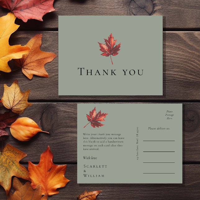 Simple Minimal Fall Sage Green Wedding Thank You Postcard (Creator Uploaded)