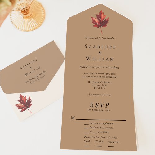 Simple Minimal Fall Terracotta Entree RSVP Wedding All In One Invitation