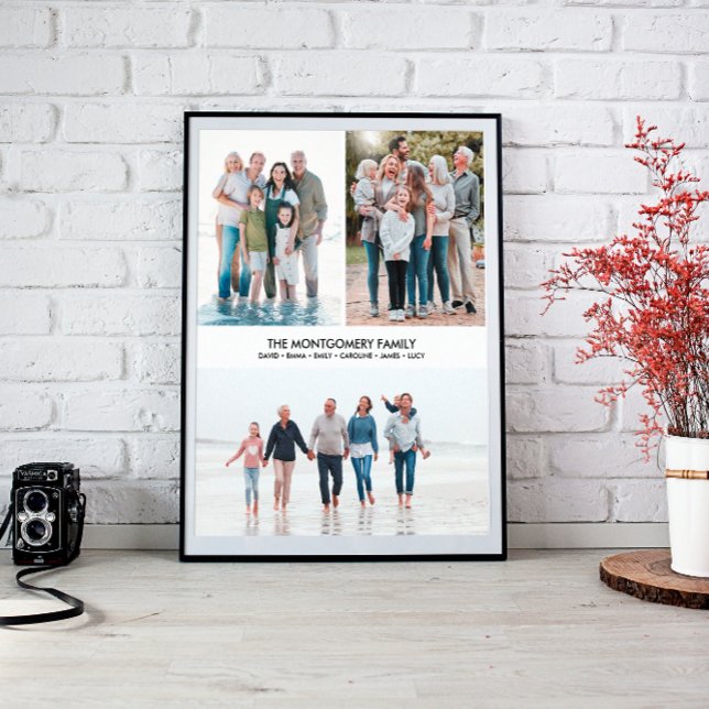 Simple minimal Family Collage 3 photos CUSTOM TEXT Framed Art (Three Photo collage wall art, portrait and horizonal photo, with space for family name and message)
