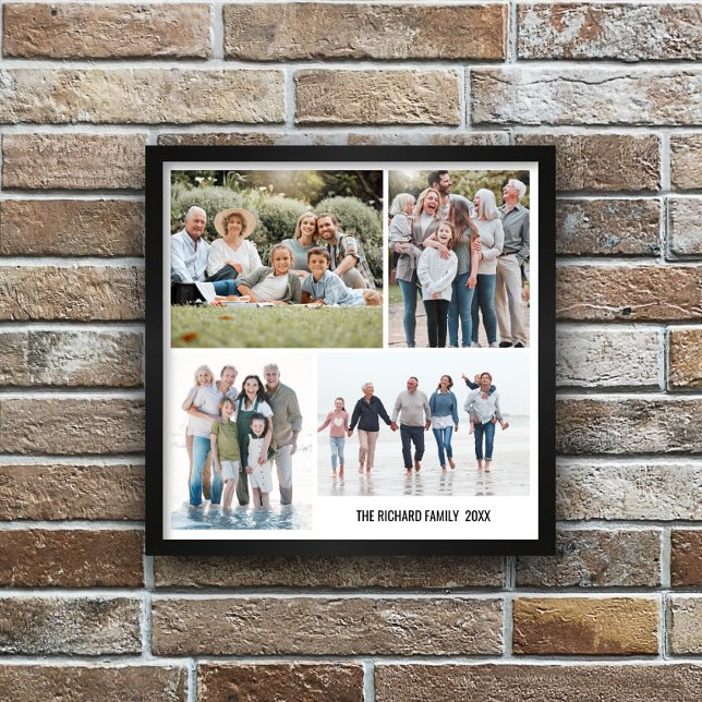 Simple minimal Family Collage 4 photos and text  Framed Art (Four PHOTOS WALL ART WITH SPACE FOR FAMILY NAME OR CUSTOM TEXT. Perfect to decoratewall gallery)