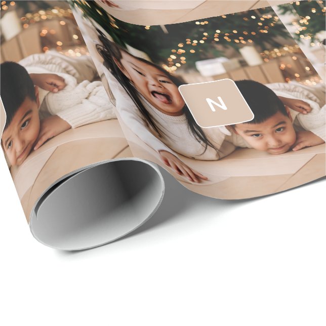 Simple Minimal Family Photo with Monogram Holiday Wrapping Paper (Roll Corner)