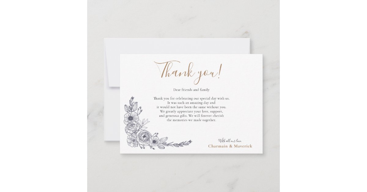 Simple Minimal Floral Black and White Wedding Thank You Card | Zazzle