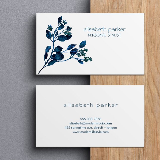 Simple minimal floral blue and white feminine chic business card (Creator Uploaded)