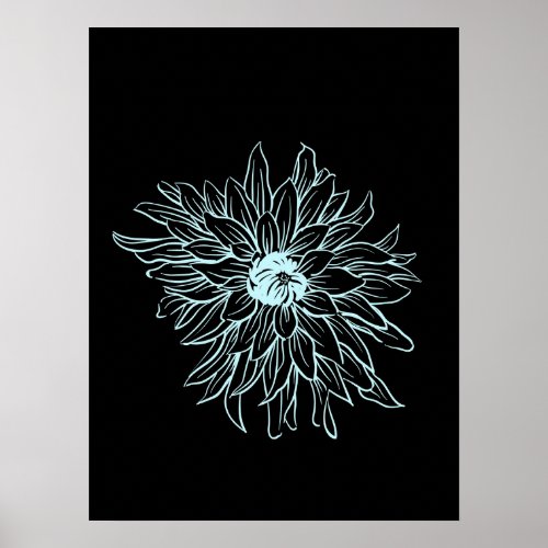 Simple Minimal Floral Line Art Flower Black Blue Poster