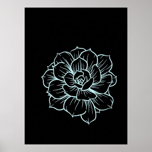 Simple Minimal Floral Line Art Flower Black Blue Poster