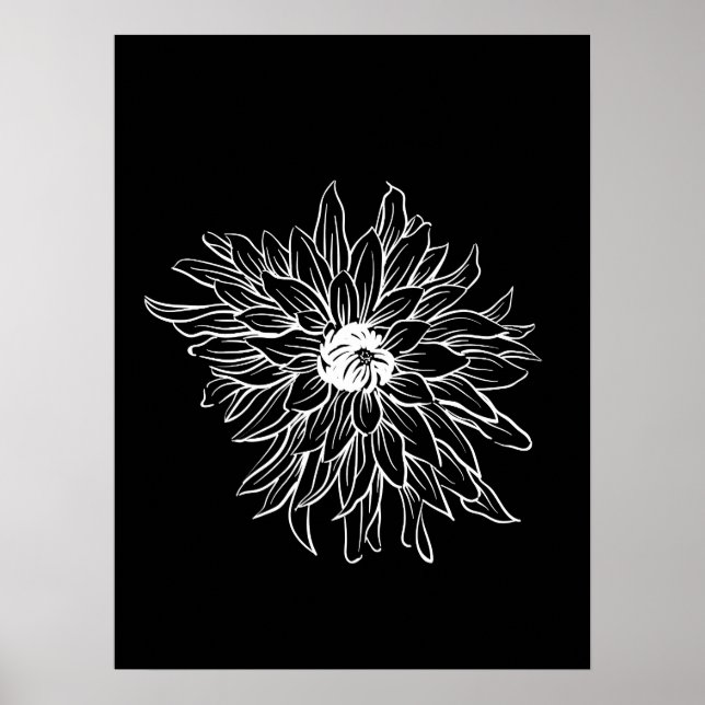 Simple Minimal Floral Line Art Flower Black White Poster (Front)