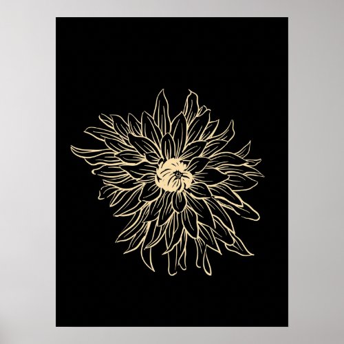 Simple Minimal Floral Line Art Flower Black Yellow Poster