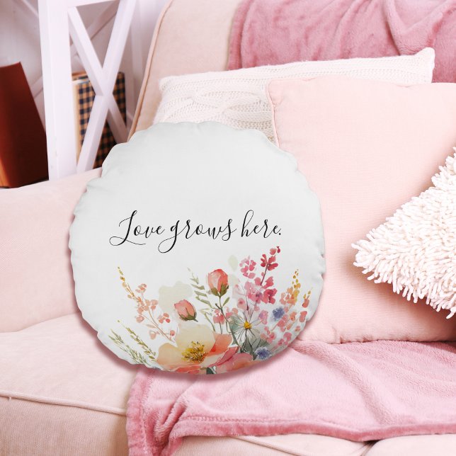 Simple Minimal Floral Love Grows Round Pillow (Creator Uploaded)