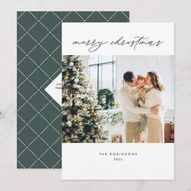 Simple Minimal Forest Green Merry Christmas Photo Holiday Card (Front/Back)