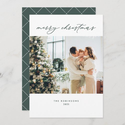 Simple Minimal Forest Green Merry Christmas Photo Holiday Card