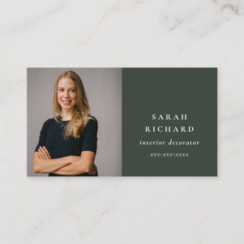 Simple Minimal Forest Green Professional Photo Business Card