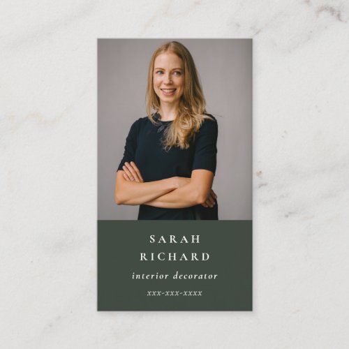 Simple Minimal Forest Green Professional Photo Business Card