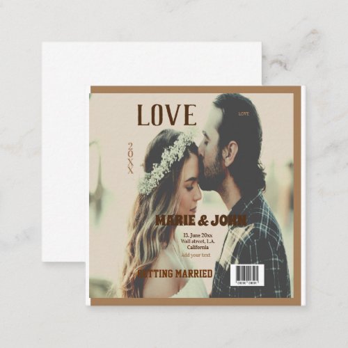 simple minimal getting married love magazine cover square business card