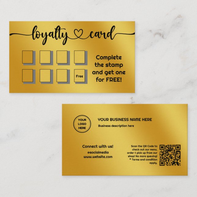Simple Minimal Gold Add Your Logo QR Code Loyalty Card (Front/Back)