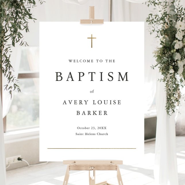 Simple Minimal Gold Cross Baptism Welcome Foam Board (Elegant simple black & white religious baptism welcome sign with minimal typography and gold cross.)