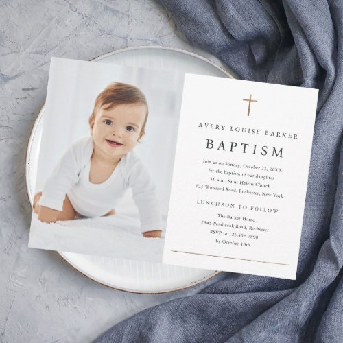 Simple Minimal Gold Cross Religious Baptism Invitation