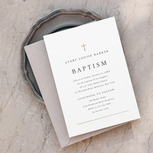 Simple Minimal Gold Cross Religious Baptism Invitation
