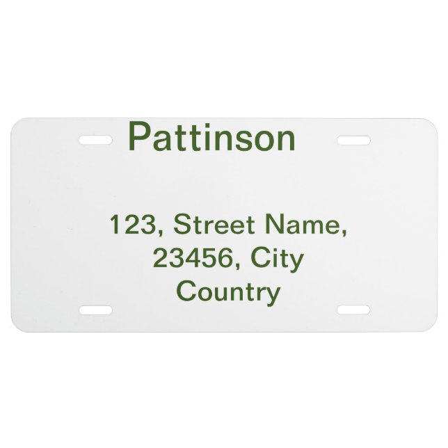 Simple minimal green add your text name photo cust license plate (Front)