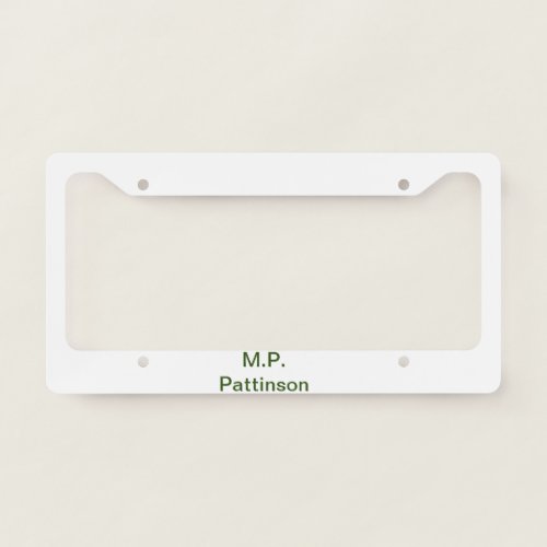 Simple minimal green add your text name photo cust license plate frame