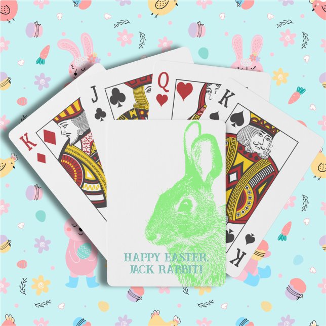 Simple Minimal Green Easter Bunny  Poker Cards (Cute Easter bunny playing cards with stamp like rabbit from a real photo. Customizable with name.
)