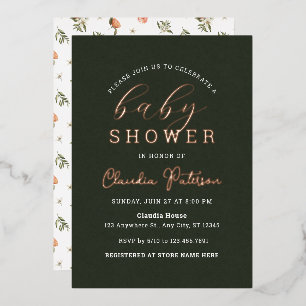 Simple Minimal Green Elegant Orange Baby Shower Foil Invitation