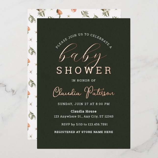 Simple Minimal Green Elegant Orange Baby Shower Foil Invitation (Front/Back)