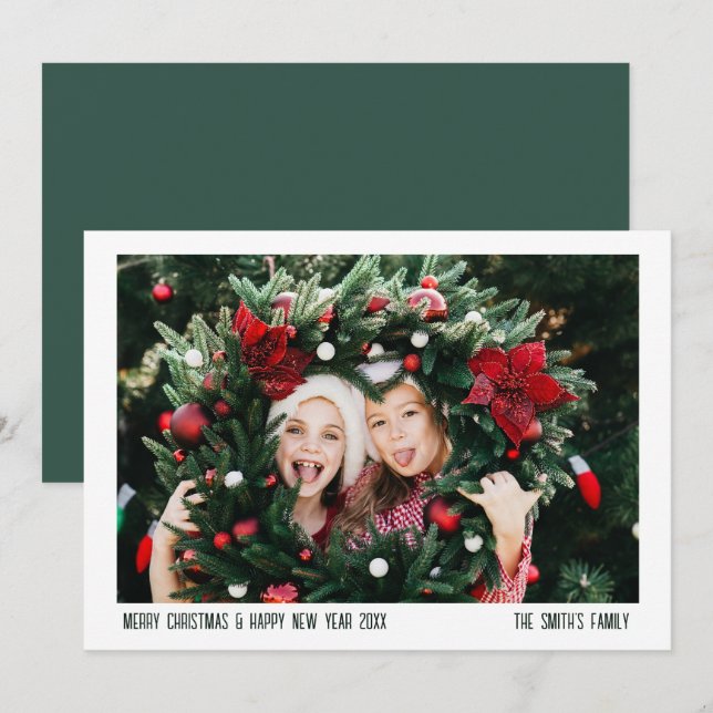 Simple Minimal Green Family Photo Christmas Holiday Card (Front/Back)