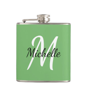 Simple Minimal Green Monogram Name + Initial Flask