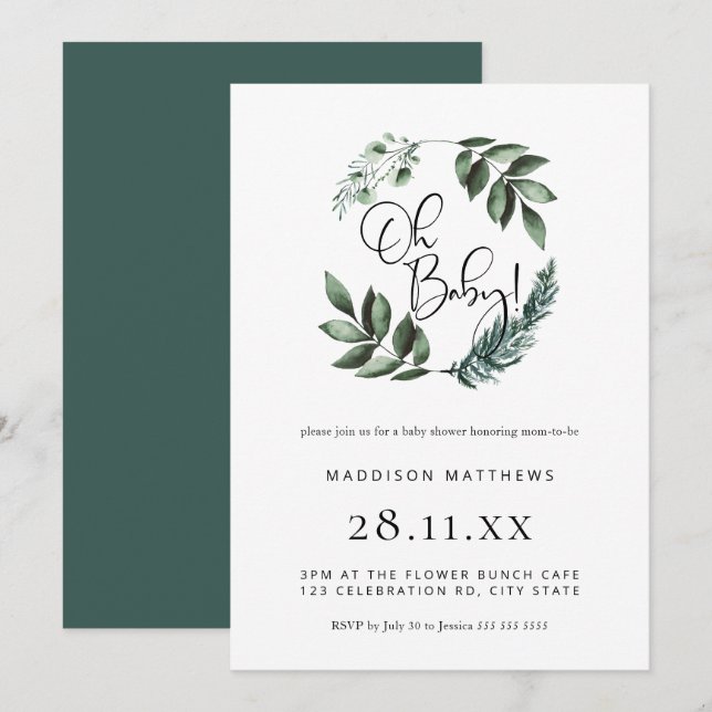 Simple Minimal Greenery Wreath Oh Baby Shower Invi Invitation (Front/Back)