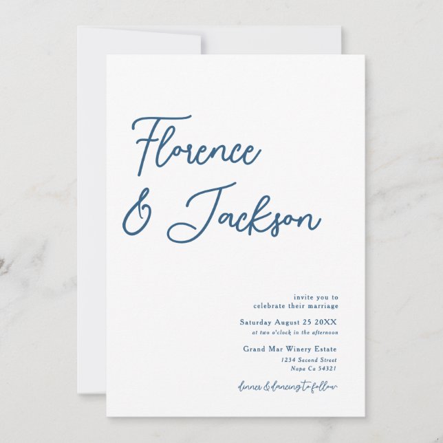 Simple Minimal Handwritten Wedding Photo Blue  Invitation (Front)