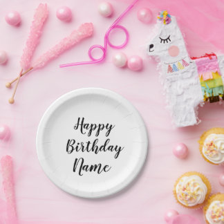 simple minimal happy birthday add your name  paper plates