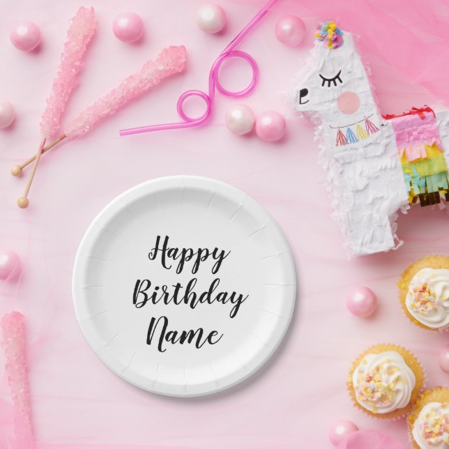 simple minimal happy birthday add your name  paper plates (Party)