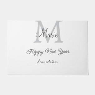 simple minimal happy new year monogram gray name  doormat
