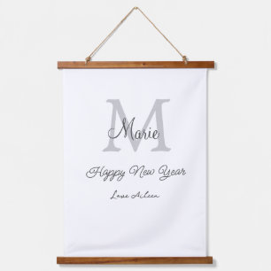 simple minimal happy new year monogram gray name  hanging tapestry