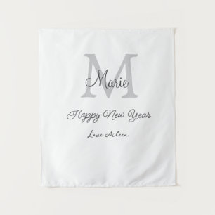 simple minimal happy new year monogram gray name tapestry
