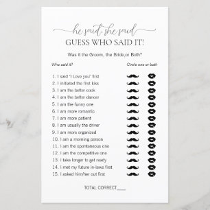 Simple Minimal He Said She Said Bridal Shower Game