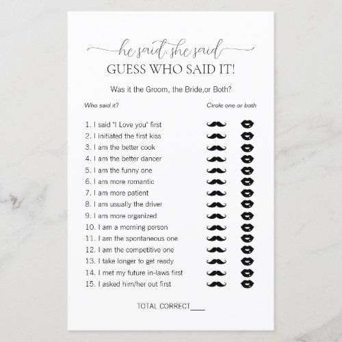 Simple Minimal He Said She Said Bridal Shower Game