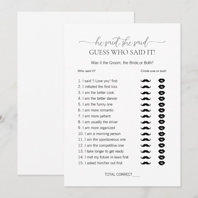 Simple Minimal He Said She Said Bridal Shower Game Invitation (Front/Back)