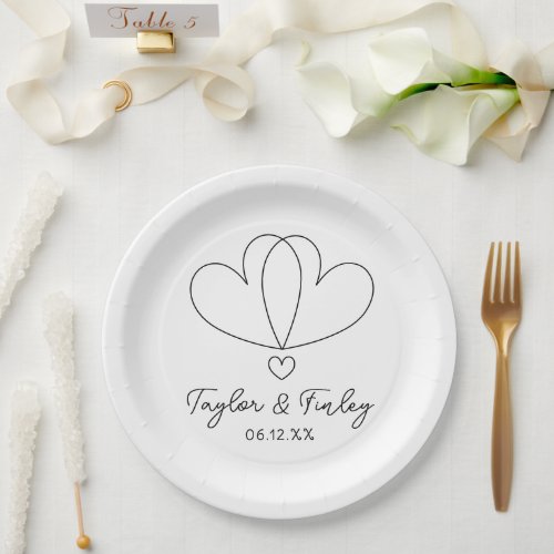  Simple Minimal Heart Modern Custom Names Wedding Paper Plates