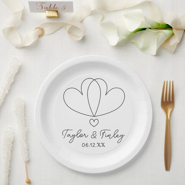   Simple Minimal Heart Modern Custom Names Wedding Paper Plates (Wedding)
