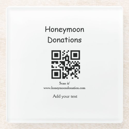 Simple minimal honeymoon donations wedding q r cod glass coaster