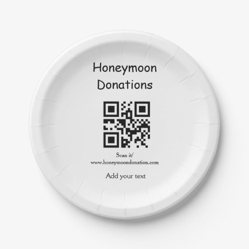 Simple minimal honeymoon donations wedding q r cod paper plates
