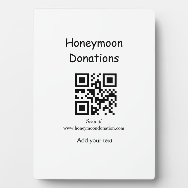 Simple minimal honeymoon donations wedding q r cod plaque (Front)