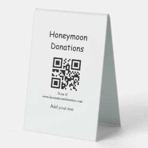 Simple minimal honeymoon donations wedding q r cod table tent