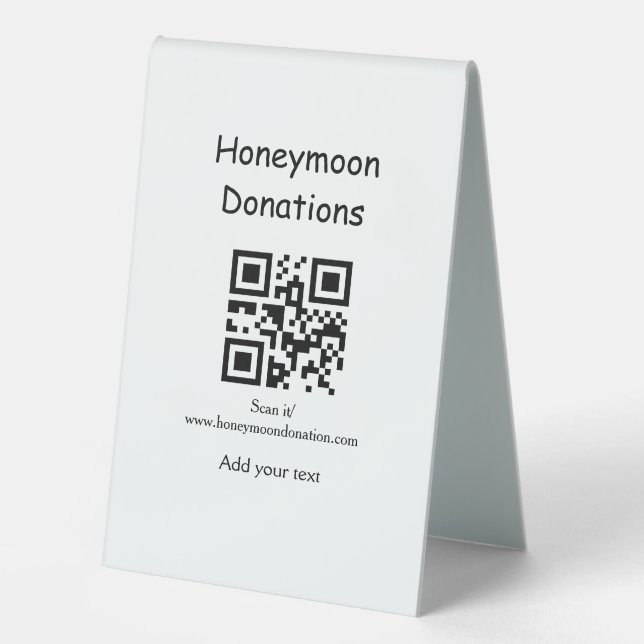 Simple minimal honeymoon donations wedding q r cod table tent (Front)