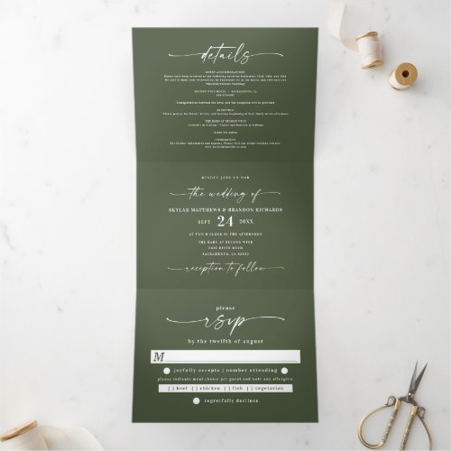Simple Minimal Hunter Dark Green Budget Wedding Tri_Fold Invitation
