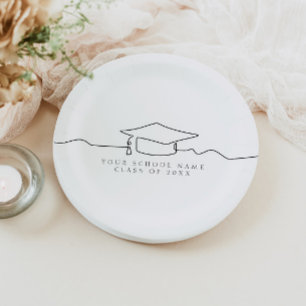 Simple Minimal Line Art Graduation Cap Paper Plates